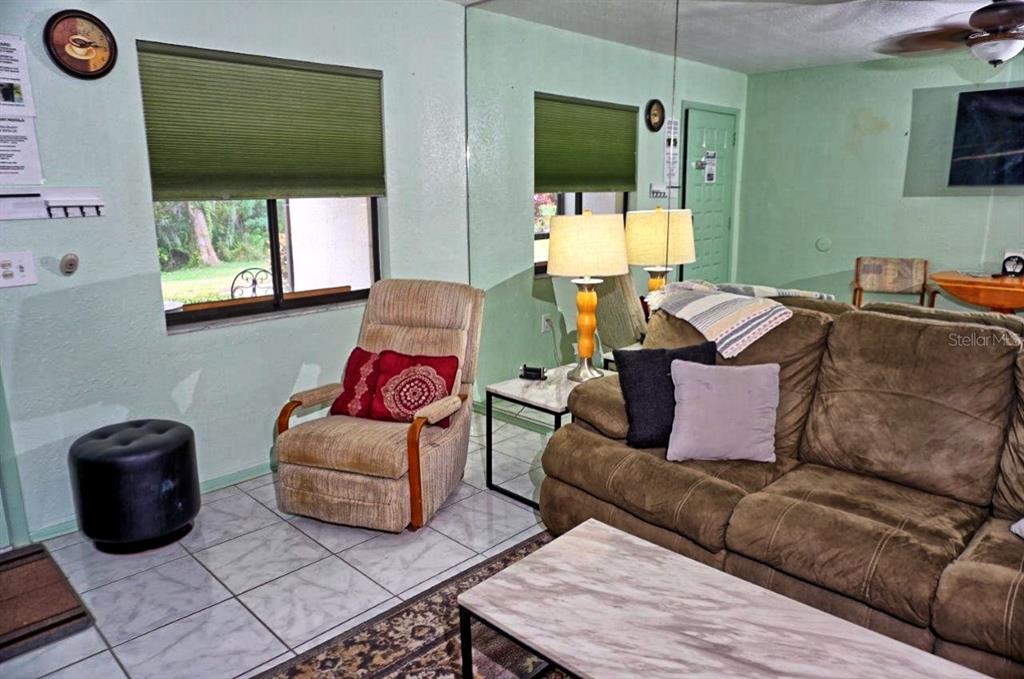 A living room features a brown sofa, a recliner, tile flooring, and a mirrored wall — 20921 HAULOVER COVE UNIT F5, LUTZ, FL