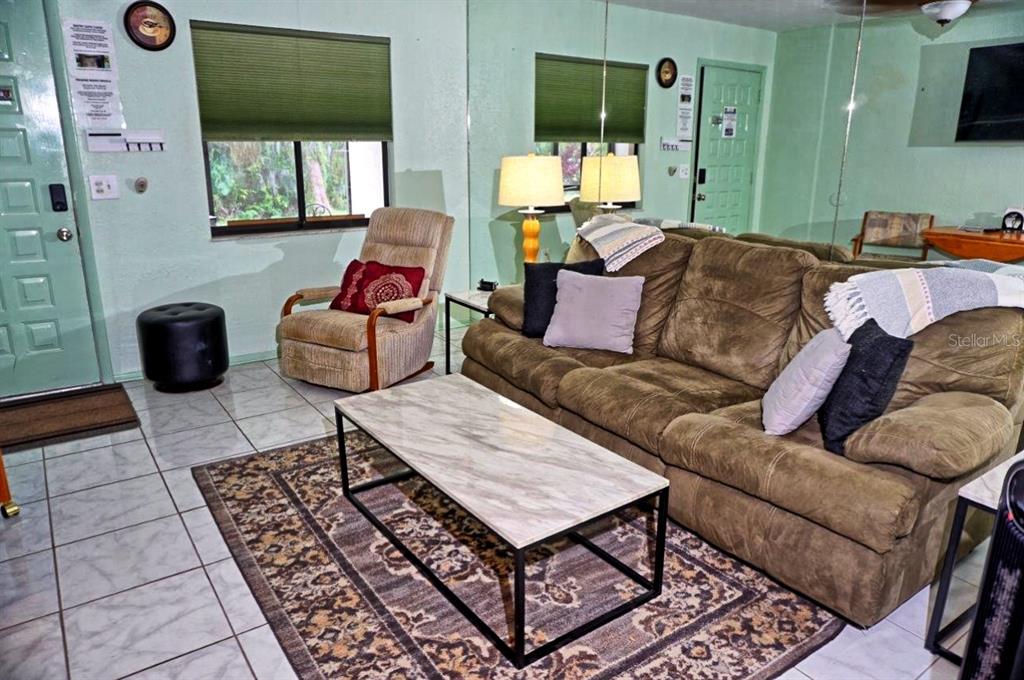 A living room features a brown sofa, a patterned rug, and a light-colored coffee table — 20921 HAULOVER COVE UNIT F5, LUTZ, FL
