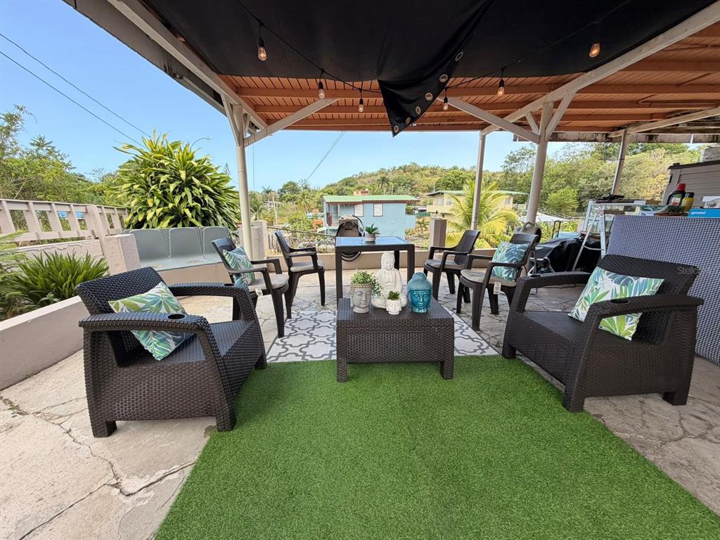 A covered outdoor patio features wicker furniture, a green rug, and a view of hills — 101 ISIDORO CAMACHO, LAJAS, PR