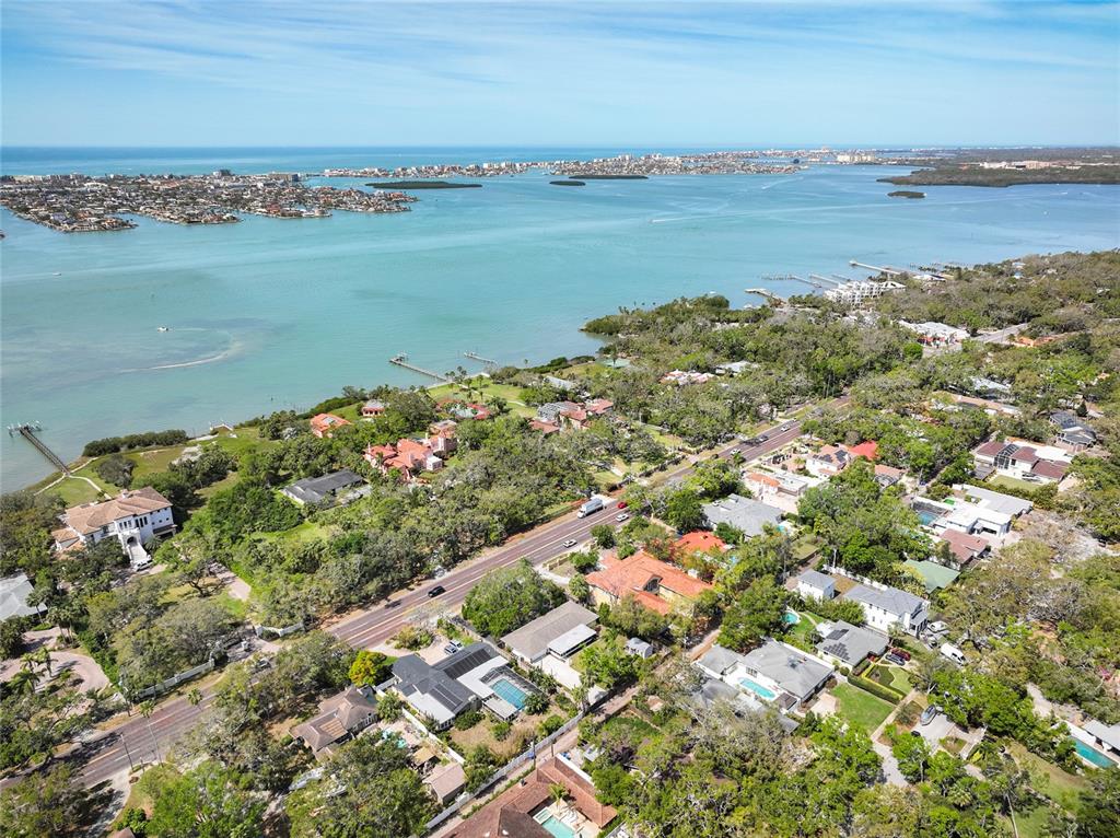 An aerial view shows a coastal neighborhood with houses, dense trees, and a large bay — 1433 PARK STREET N, ST PETERSBURG, FL