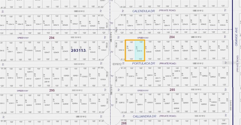 This is a land parcel map showing property boundaries and lot dimensions — 820 & 822 PORTULACA DRIVE, INDIAN LAKE ESTATES, FL