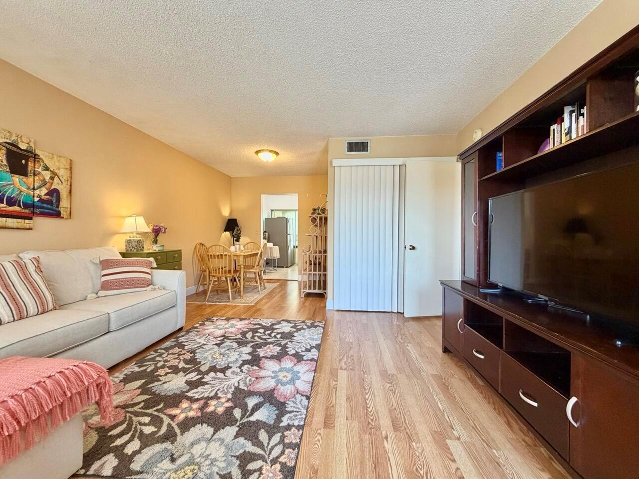 A living room features a floral area rug, a light-colored sofa, and a dark entertainment center — 19 Abbey Lane # 204, Delray Beach FL 33446, DELRAY BEACH, FL