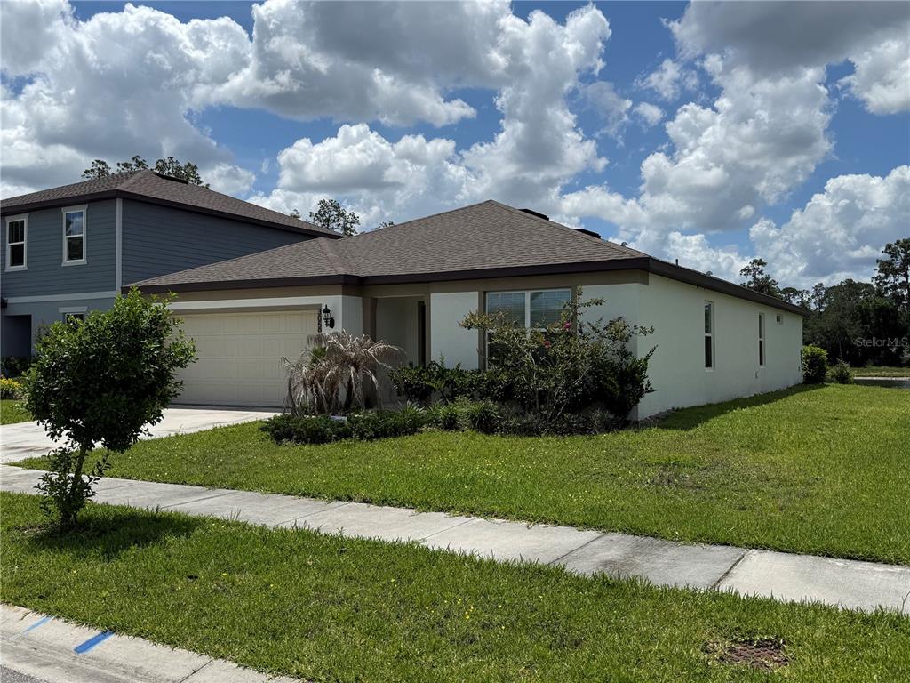 A single-story house with a beige stucco exterior, a two-car garage, and a lawn — 30596 THUNDERBIRD DRIVE, WESLEY CHAPEL, FL