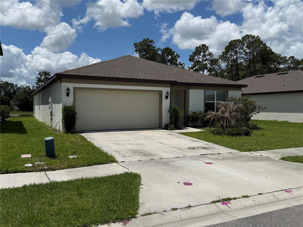 A single-story house with a two-car garage, concrete driveway, and a brown shingled roof — 30596 THUNDERBIRD DRIVE, WESLEY CHAPEL, FL