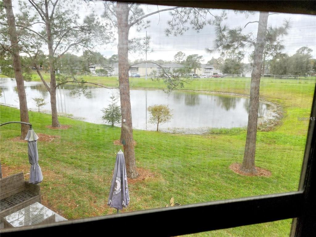 A view through a window screen shows a grassy yard with trees and a pond — 4356 MIDDLEBROOK ROAD UNIT 3, ORLANDO, FL