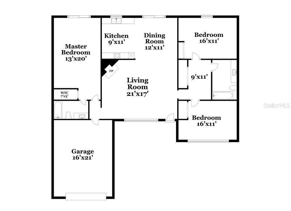 This is a floor plan showing a house with three bedrooms, a garage, and living areas — 1828 CRAVEN DRIVE, SEFFNER, FL