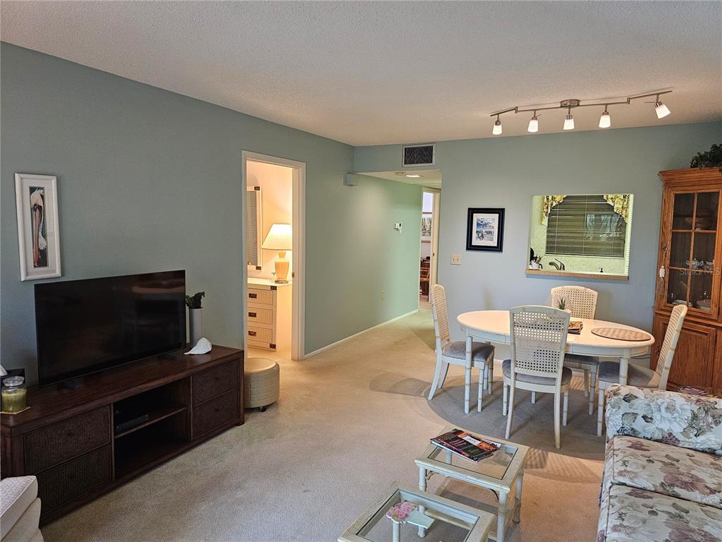 A living and dining area with light blue walls, carpeted floors, and a track lighting fixture — 586 LAKESIDE DRIVE UNIT 586, BRADENTON, FL