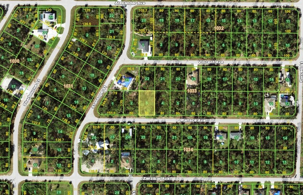 This is a map showing residential land parcels and street layouts in a suburban neighborhood — 18116 WALLACE AVENUE, PORT CHARLOTTE, FL