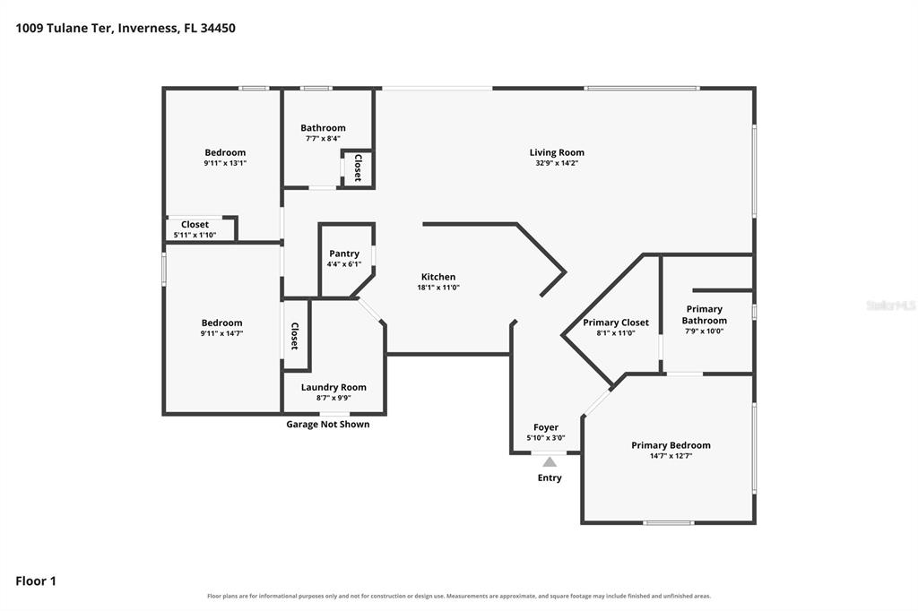 This is a floor plan showing the layout of a single-story residential home — 1009 TULANE TERRACE, INVERNESS, FL