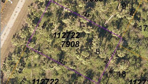 This aerial map shows a rectangular plot of land with dimensions labeled in feet — PIMENTO CIRCLE, NORTH PORT, FL