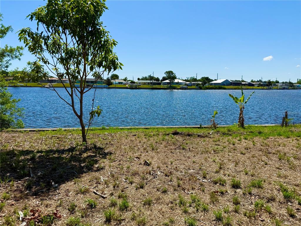 A grassy waterfront lot features a small tree and a view of houses across the canal — 834 ELLICOTT CIRCLE NW, PORT CHARLOTTE, FL