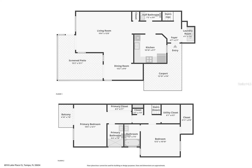 This is a two-story floor plan showing the layout of a residential home — 6910 LAKE PLACE COURT, TAMPA, FL