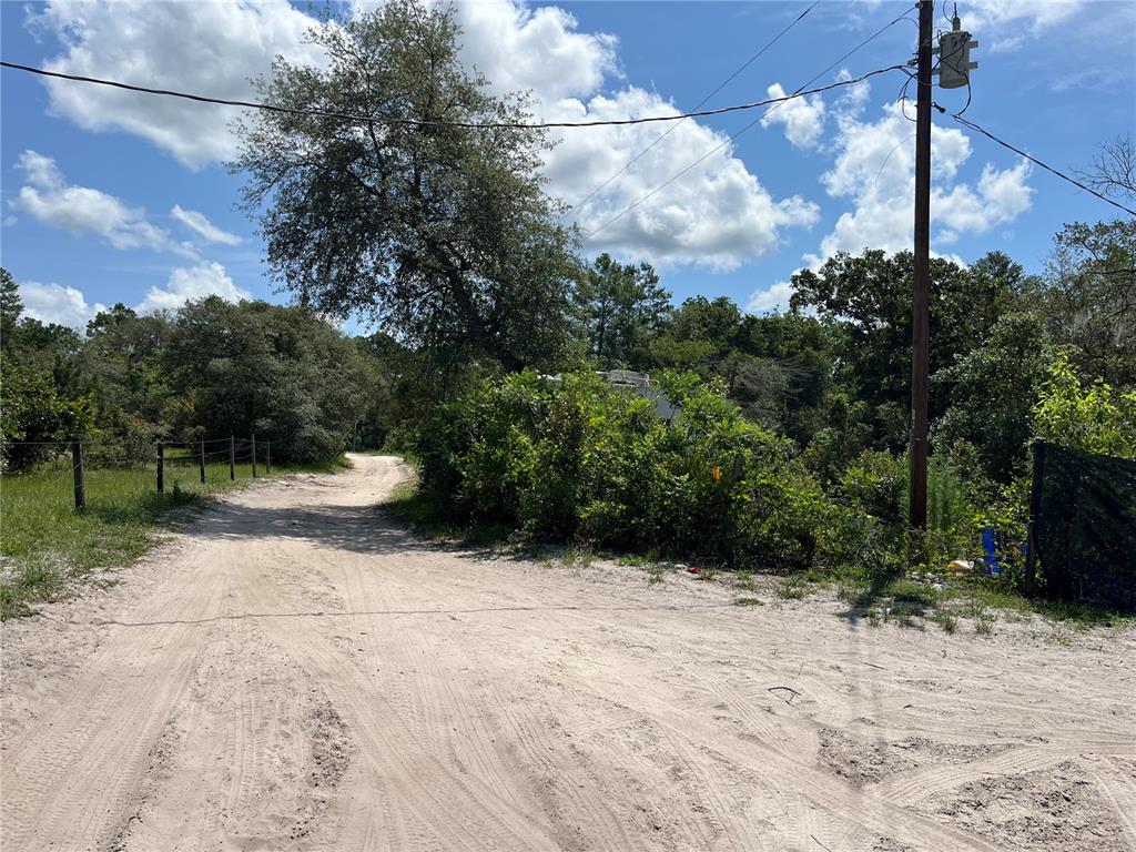 A sandy dirt road leads past a utility pole toward a wooded area — 42334 W LAKE ROAD, DELAND, FL