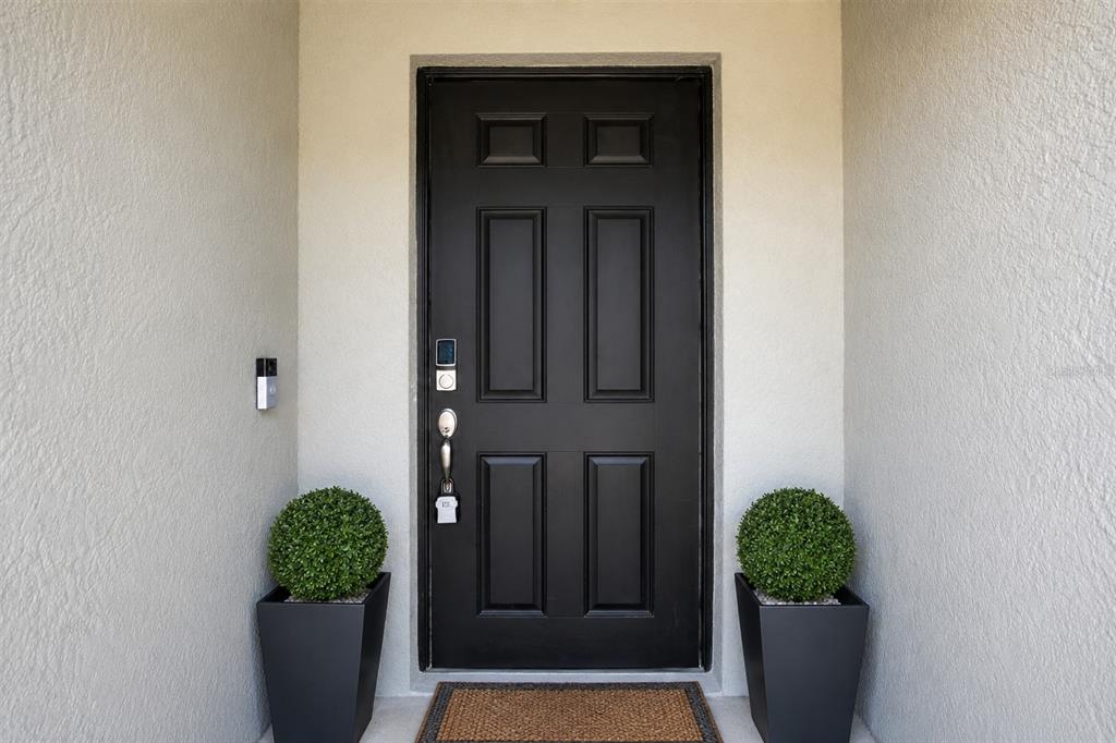 A black front door is flanked by two potted topiary plants against a beige wall — 413 SIERRA MIKE BOULEVARD, LAKE ALFRED, FL