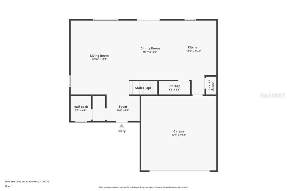 This is a floor plan for the first level of a house featuring a garage — 204 LONE DOVE LANE, BRADENTON, FL