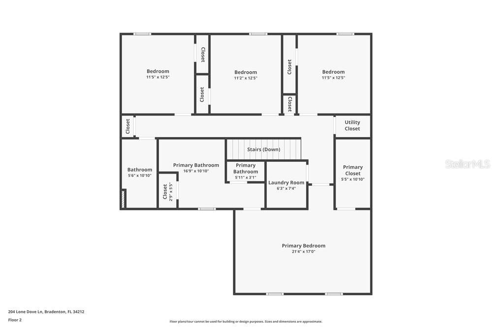 This is a floor plan of a second story featuring a primary bedroom and three bedrooms — 204 LONE DOVE LANE, BRADENTON, FL