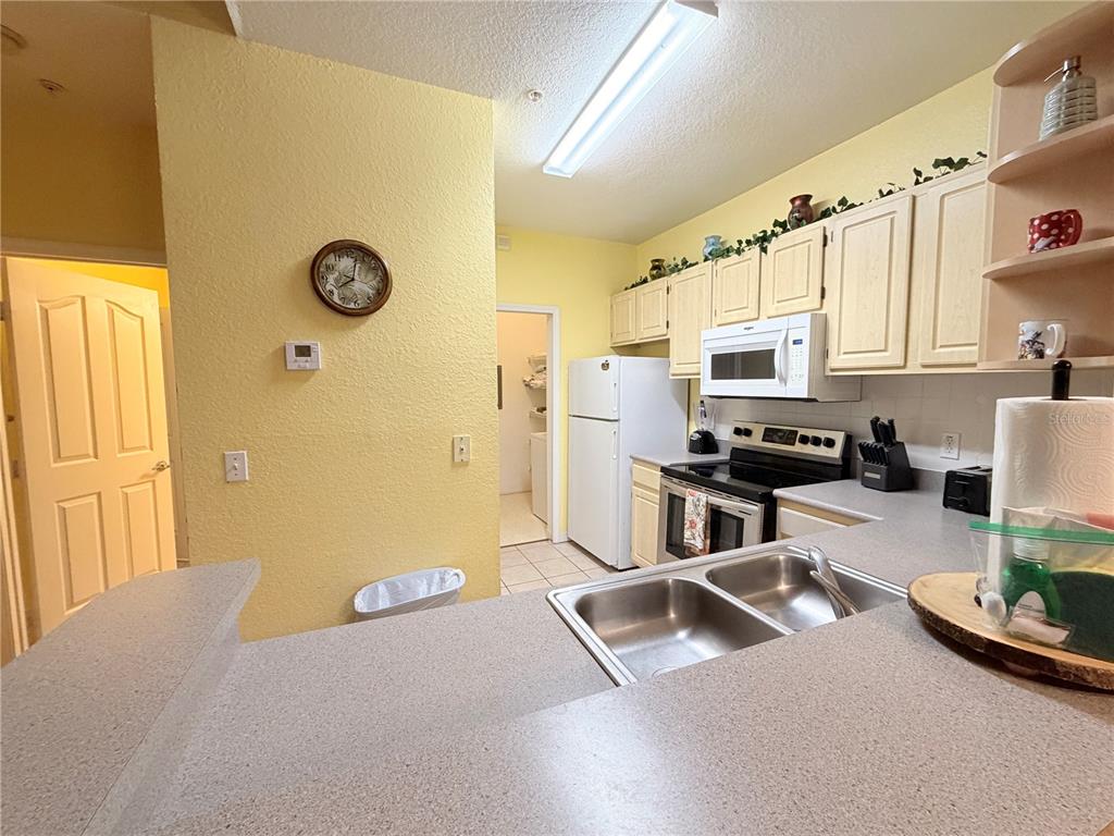 A kitchen features yellow walls, light-colored cabinets, a white refrigerator, and a double-basin sink — 8815 DUNES COURT UNIT 305, KISSIMMEE, FL