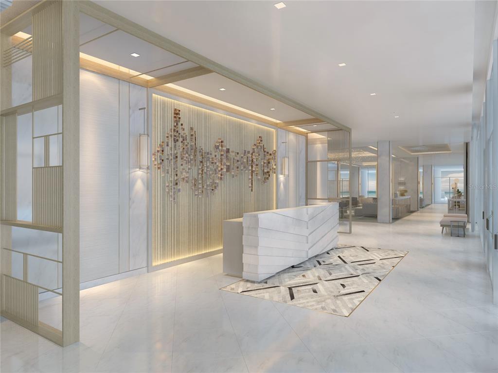 This is a rendering of a modern lobby featuring a white marble desk and wall art — 1149 ASHFORD AVENUE VANDERBILT RESIDENCES UNIT 904, SAN JUAN, PR