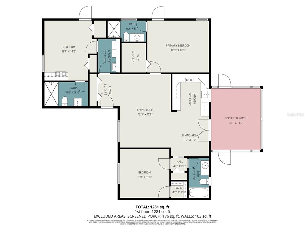 This is a floor plan for a three-bedroom, three-bathroom home with a screened porch — 604 LIMETREE DRIVE, OLDSMAR, FL