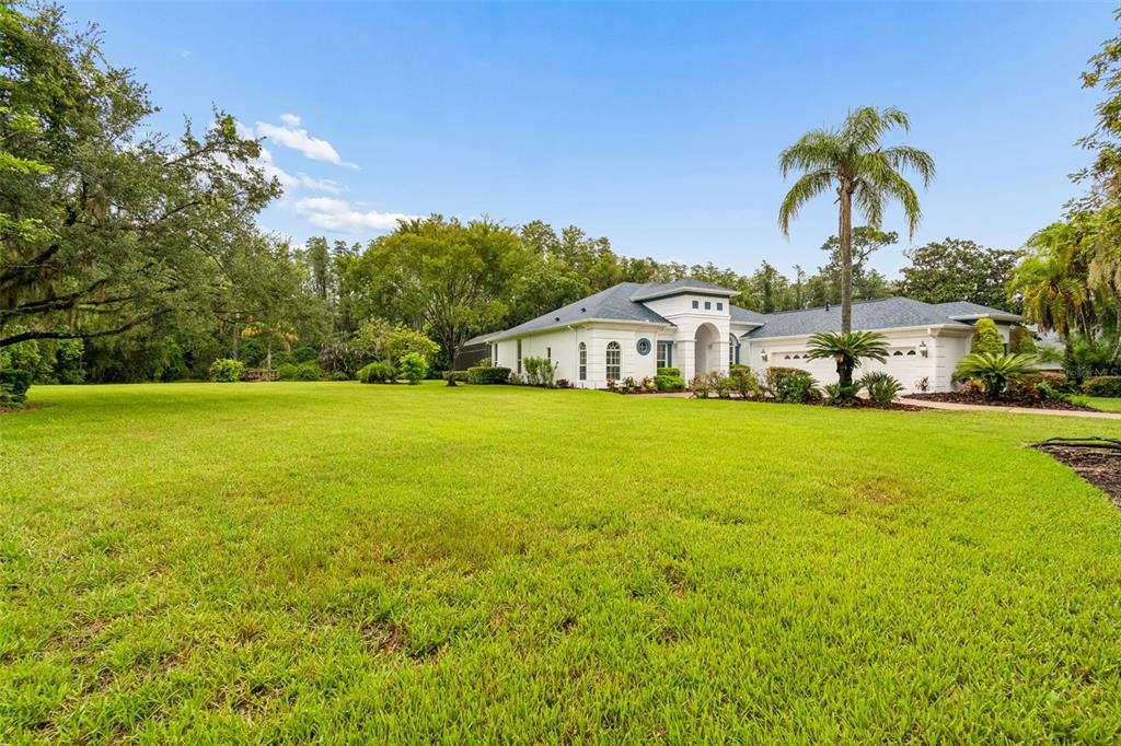 The front entrance of a white house features blue double doors and arched windows — 21105 LAKE VIENNA DRIVE, LAND O LAKES, FL