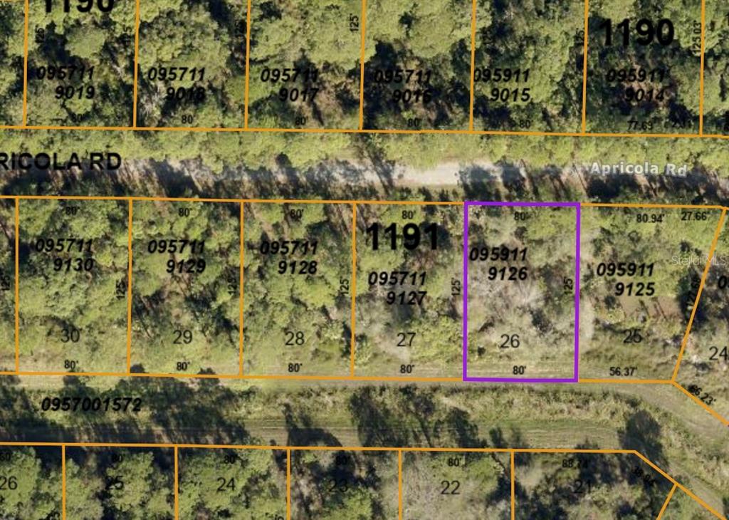 This is an aerial map showing property lot lines and parcel numbers for a wooded area — APRICOLA RD, NORTH PORT, FL