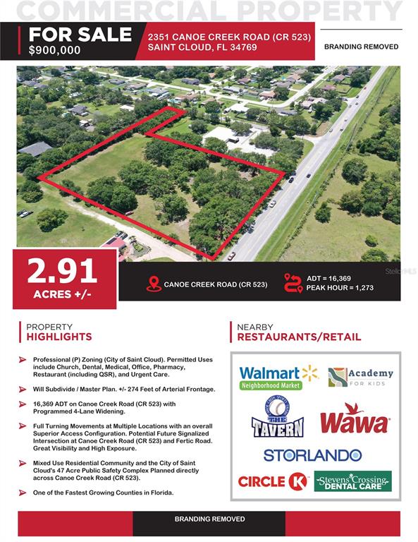 This is an aerial map showing a 2.91-acre commercial property outlined in red — 2351 CANOE CREEK ROAD, ST CLOUD, FL