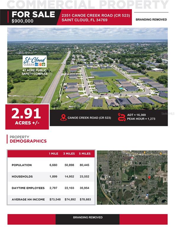 This is a real estate flyer featuring an aerial view and demographic data for a property — 2351 CANOE CREEK ROAD, ST CLOUD, FL