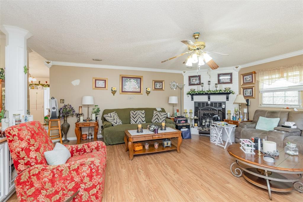 A living room features a fireplace, a green sofa, a red patterned chair, and wood-look flooring — 1121 CLARK BAY ROAD, DELAND, FL