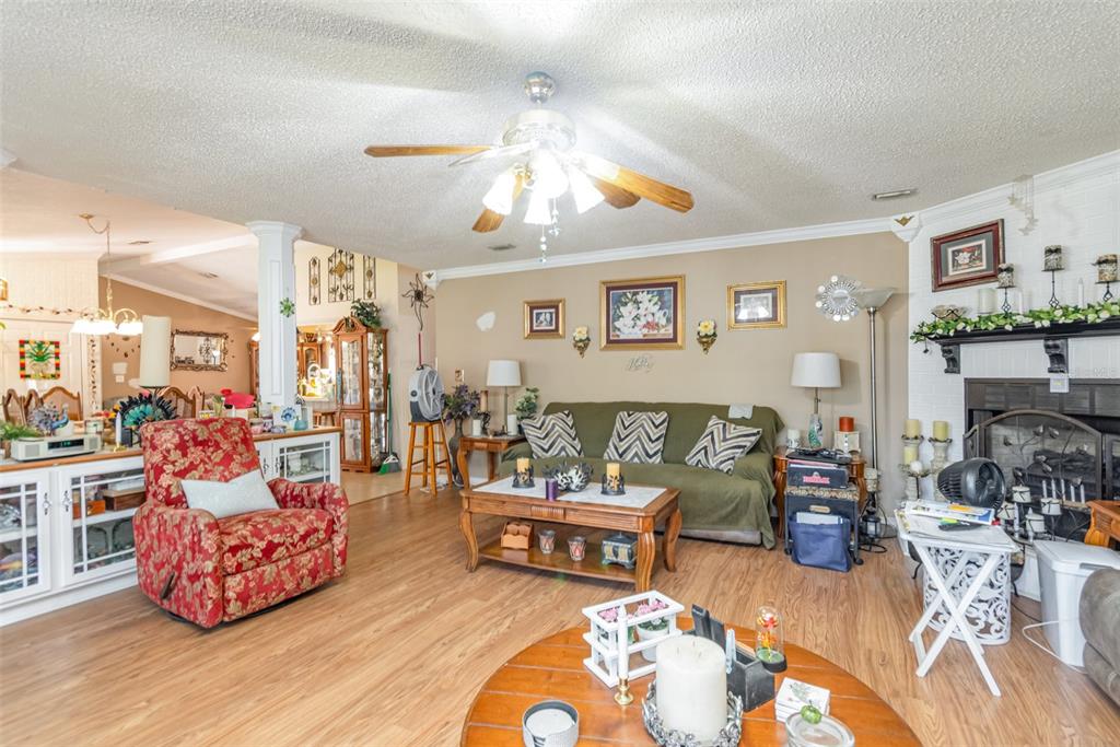 A living room features wood-look flooring, a green sofa, a red patterned armchair, and a fireplace — 1121 CLARK BAY ROAD, DELAND, FL