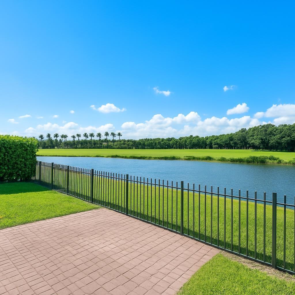 A paved patio overlooks a fenced lawn, a pond, and a distant tree line — 5855 NW 42nd Way, Boca Raton FL 33496, BOCA RATON, FL