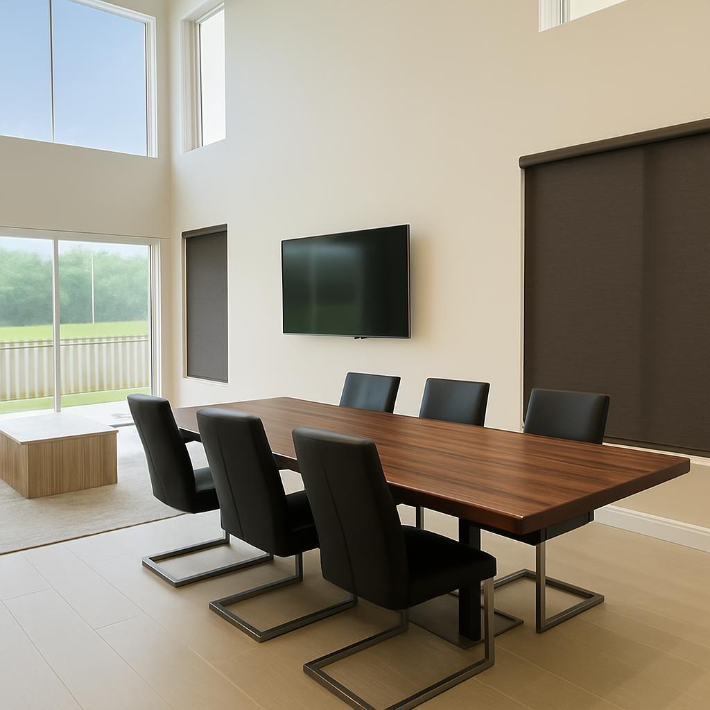 This rendering shows a dining room with a wooden table, black chairs, and large windows — 5855 NW 42nd Way, Boca Raton FL 33496, BOCA RATON, FL