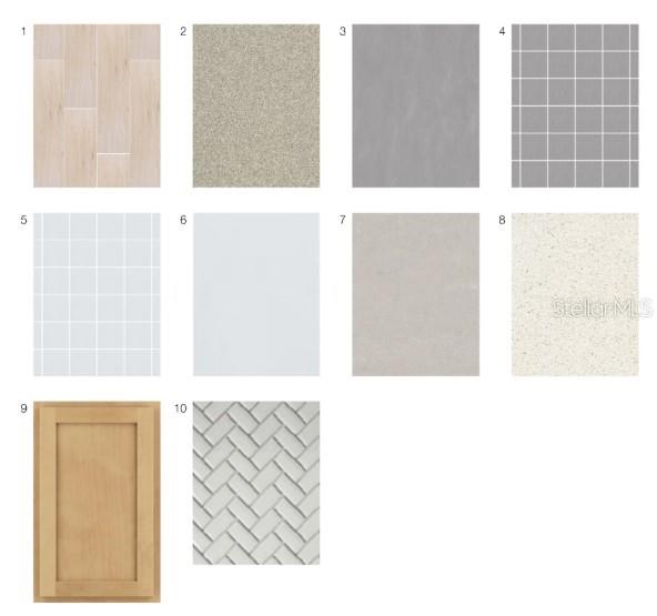 This image is a digital rendering showing ten material and finish samples for home design — 4451 OCHOS RIOS PLACE, KISSIMMEE, FL