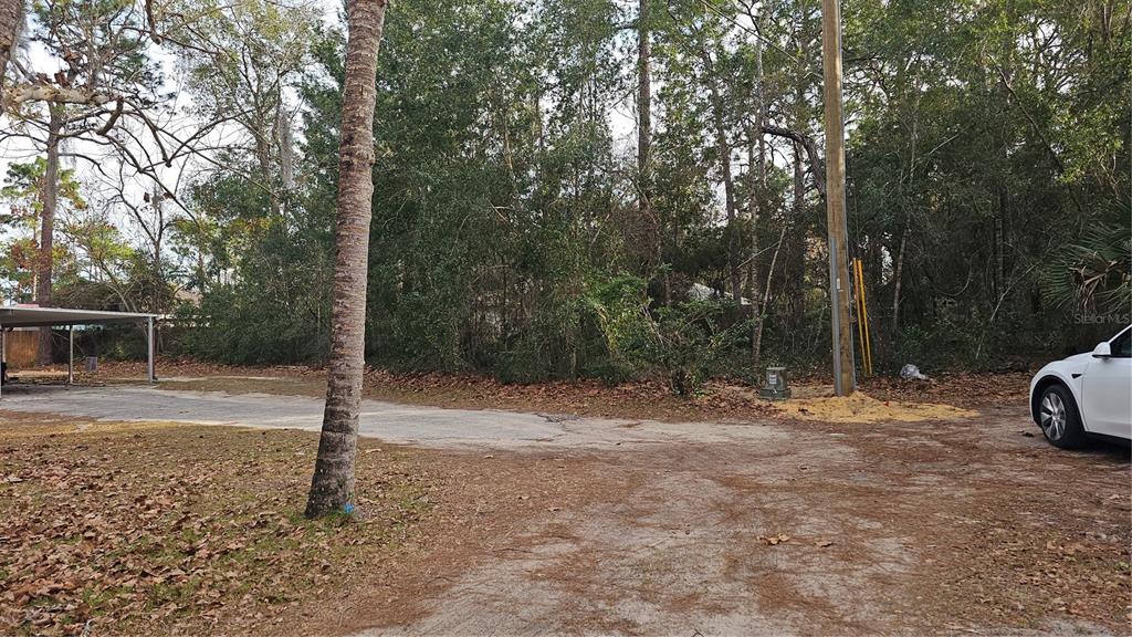 A gravel driveway leads toward a wooded area with a carport and a utility pole — W SEVENTH AVENUE, UMATILLA, FL