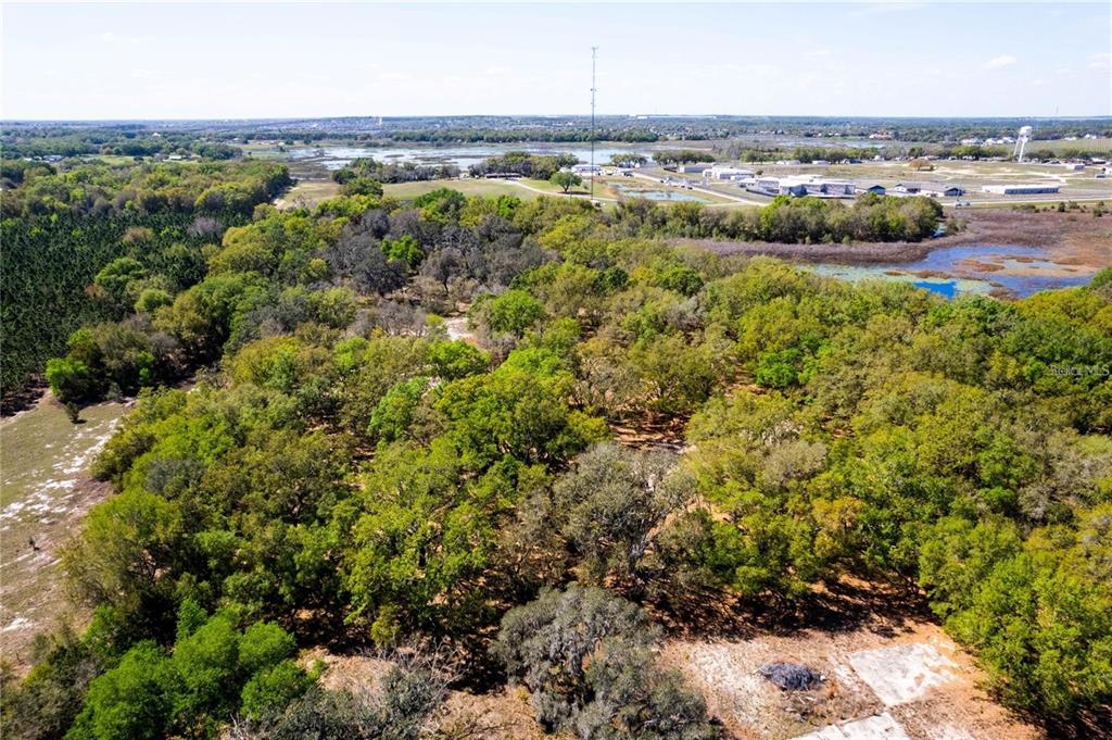 An aerial view shows a wooded lot with a concrete slab near a wetland area — 18537 US HIGHWAY 27, MINNEOLA, FL