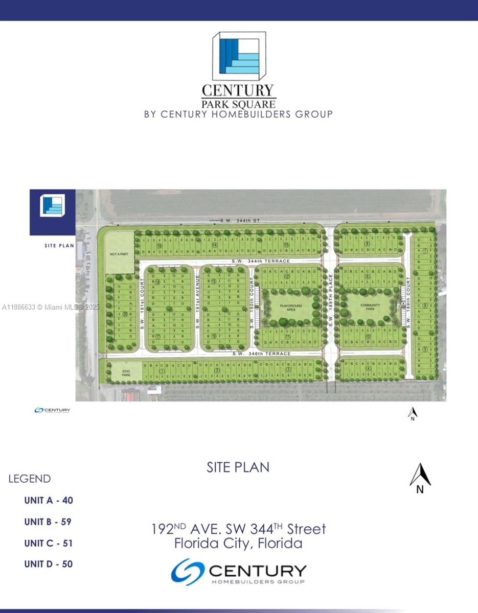 This is a site plan rendering for the Century Park Square residential community — 19072 SW 345th Ter, Homestead FL 33034, HOMESTEAD, FL