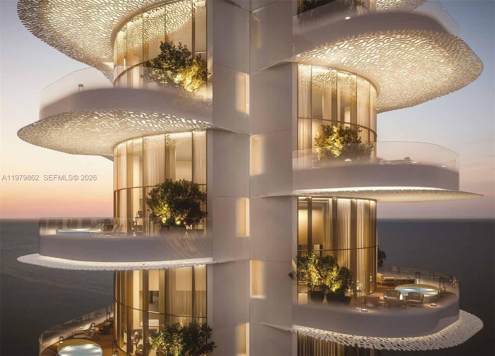This architectural rendering shows the exterior of a modern high-rise building with curved balconies — 2 Al Mouje Street # 0, Dubai, FL
