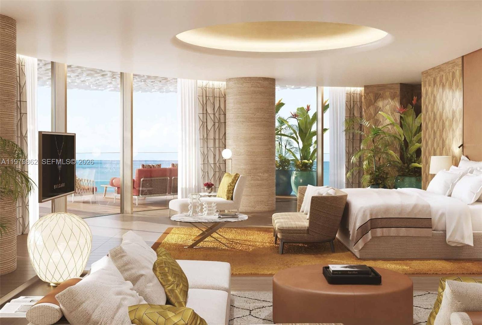 This is a rendering of a luxury bedroom featuring floor-to-ceiling windows and ocean views — 2 Al Mouje Street # 0, Dubai, FL