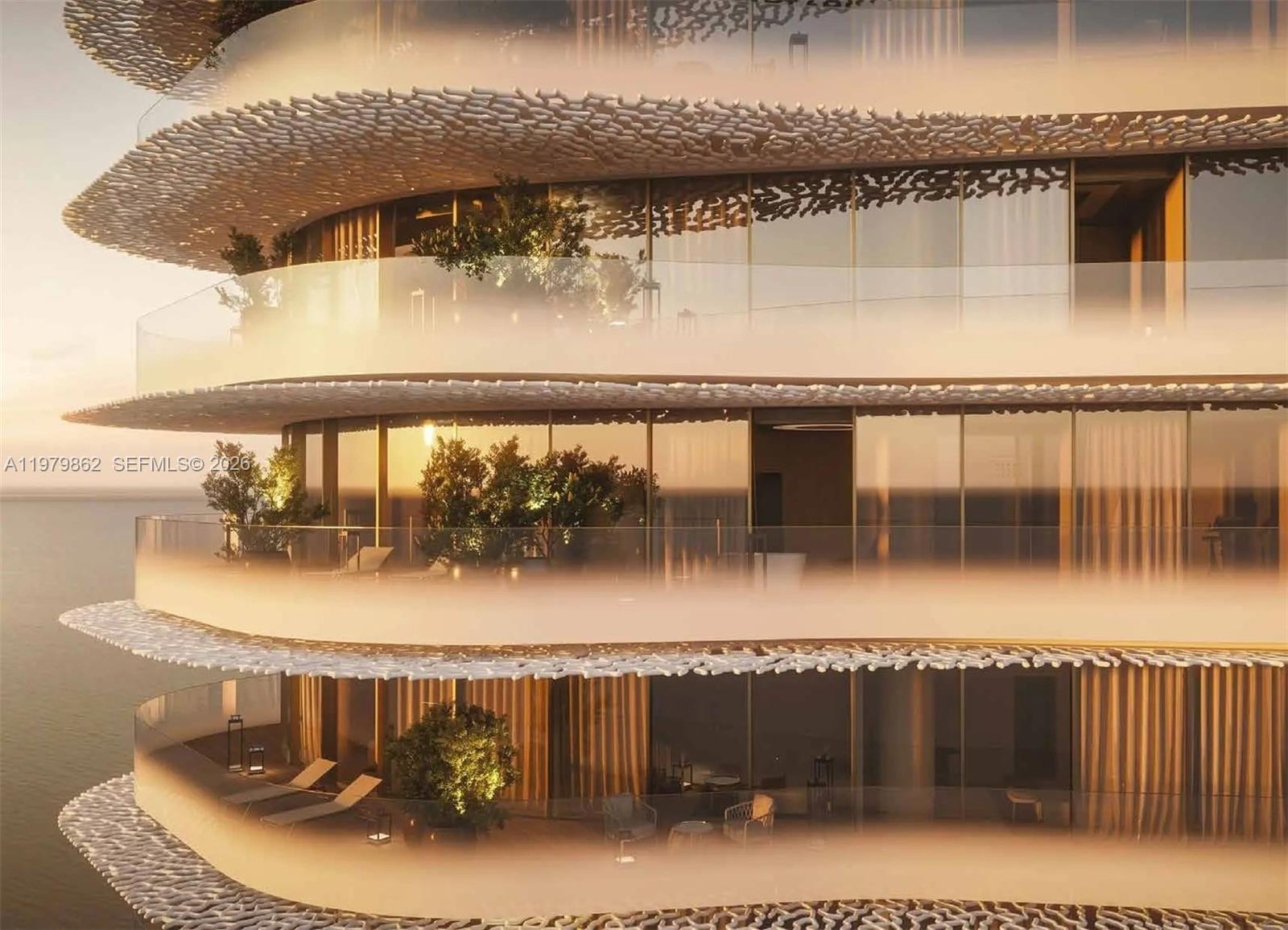 This is a rendering of a modern building exterior with curved balconies and textured overhangs — 2 Al Mouje Street # 0, Dubai, FL