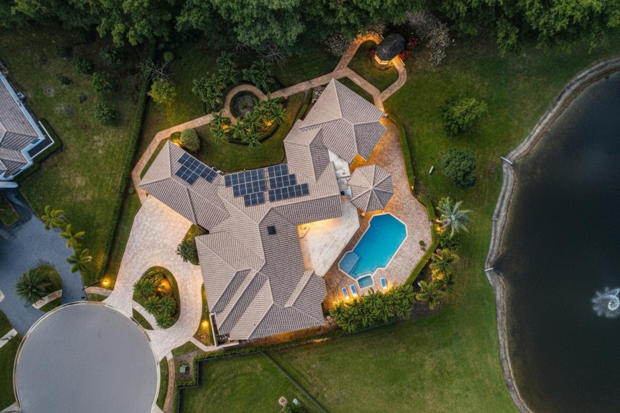 An aerial view shows a large house with solar panels, a pool, and a pond — 17595 Bocaire Place, Boca Raton FL 33487, BOCA RATON, FL