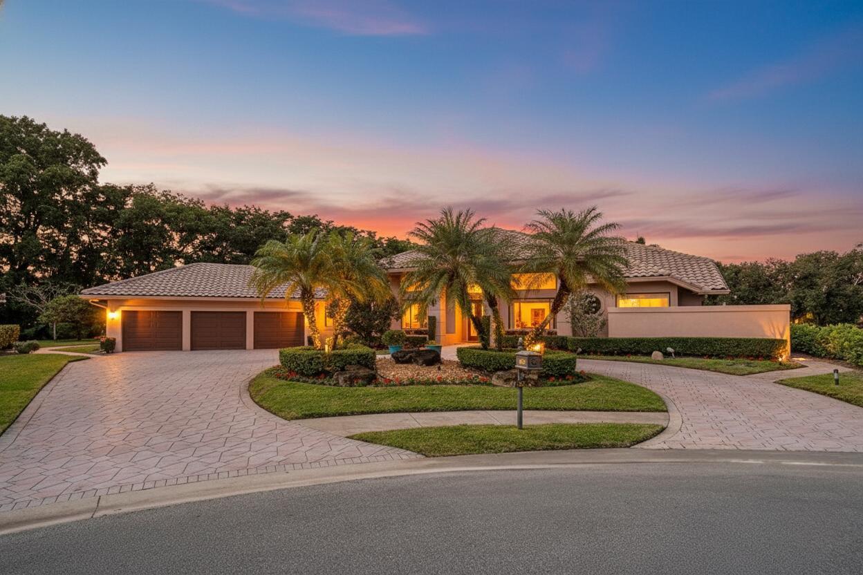 A single-story house with a three-car garage, palm trees, and a paved driveway at sunset — 17595 Bocaire Place, Boca Raton FL 33487, BOCA RATON, FL