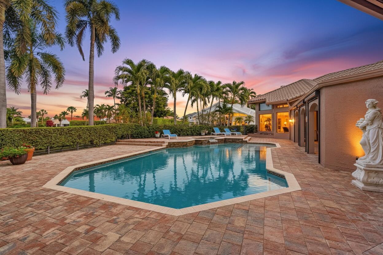 A swimming pool with a stone deck and a statue sits beside a residential home — 17595 Bocaire Place, Boca Raton FL 33487, BOCA RATON, FL