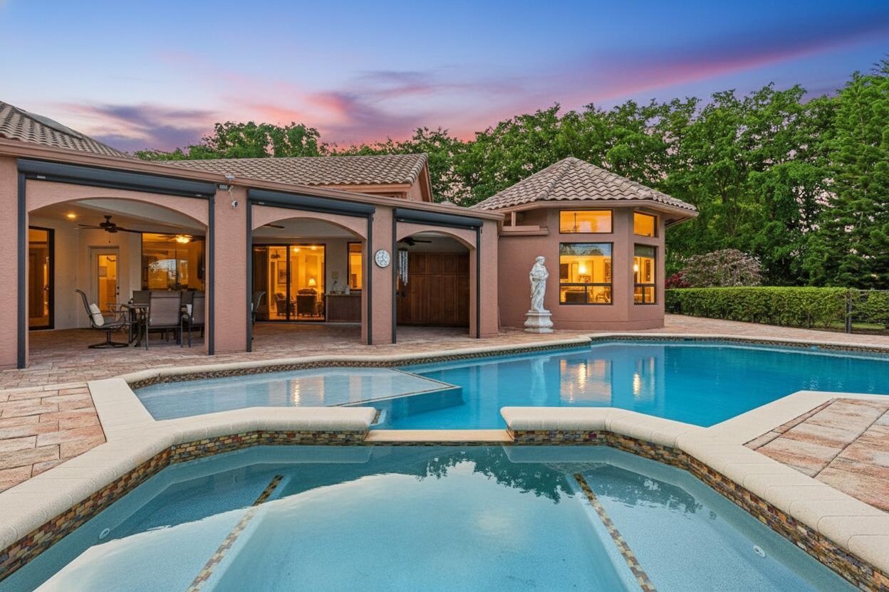 A swimming pool and hot tub sit before a house with a covered patio area — 17595 Bocaire Place, Boca Raton FL 33487, BOCA RATON, FL