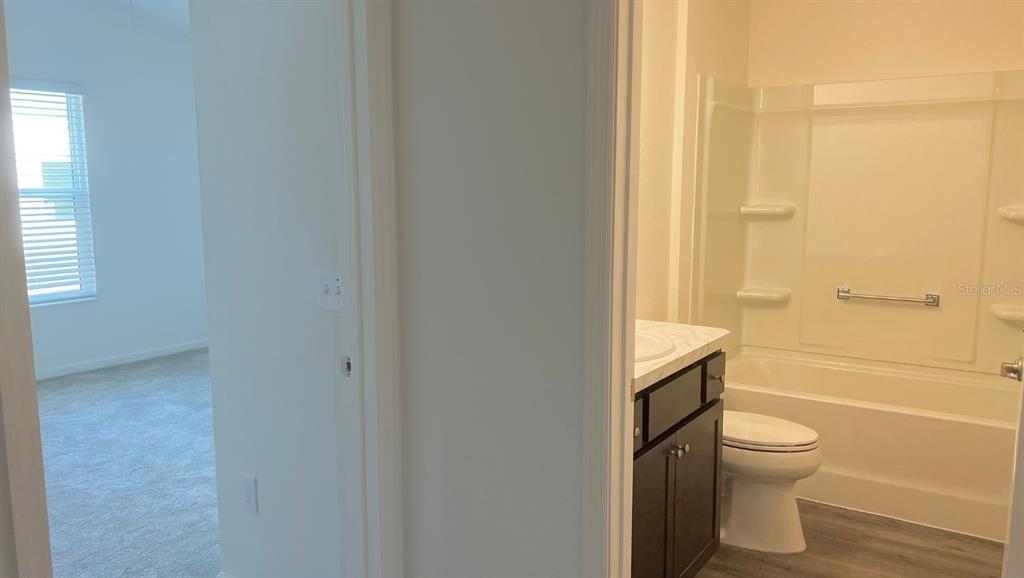 A bathroom with a dark vanity and shower-tub combo sits next to a carpeted bedroom — 6487 PETER LANE, THE VILLAGES, FL
