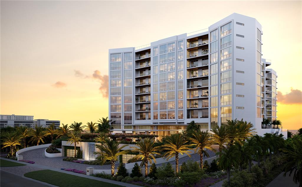 This is a digital rendering of a modern multi-story residential building with palm trees — 1000 BENJAMIN FRANKLIN DRIVE UNIT 802, SARASOTA, FL
