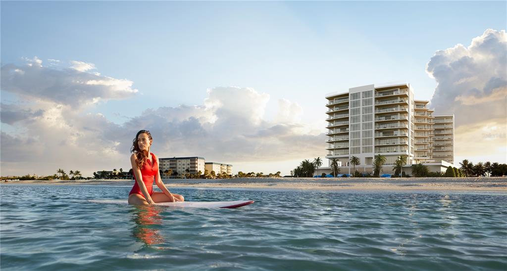 This is a rendering of a woman on a surfboard in front of a beachfront building — 1000 BENJAMIN FRANKLIN DRIVE UNIT 802, SARASOTA, FL