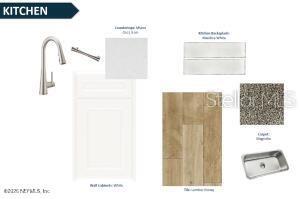 This is a digital design board showing kitchen finish selections including cabinetry, flooring, and fixtures — 353 FISHTAIL PLACE, PALM COAST, FL