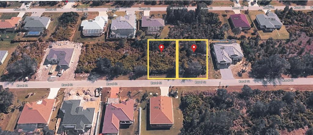An aerial view shows two adjacent, undeveloped wooded lots situated between two residential houses — 9204 & 9196 RAVEL STREET, PORT CHARLOTTE, FL