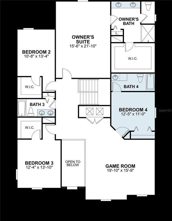 This is a floor plan of a residential second story with four bedrooms and a game room — 4369 LAKE FOX DRIVE, LAKELAND, FL