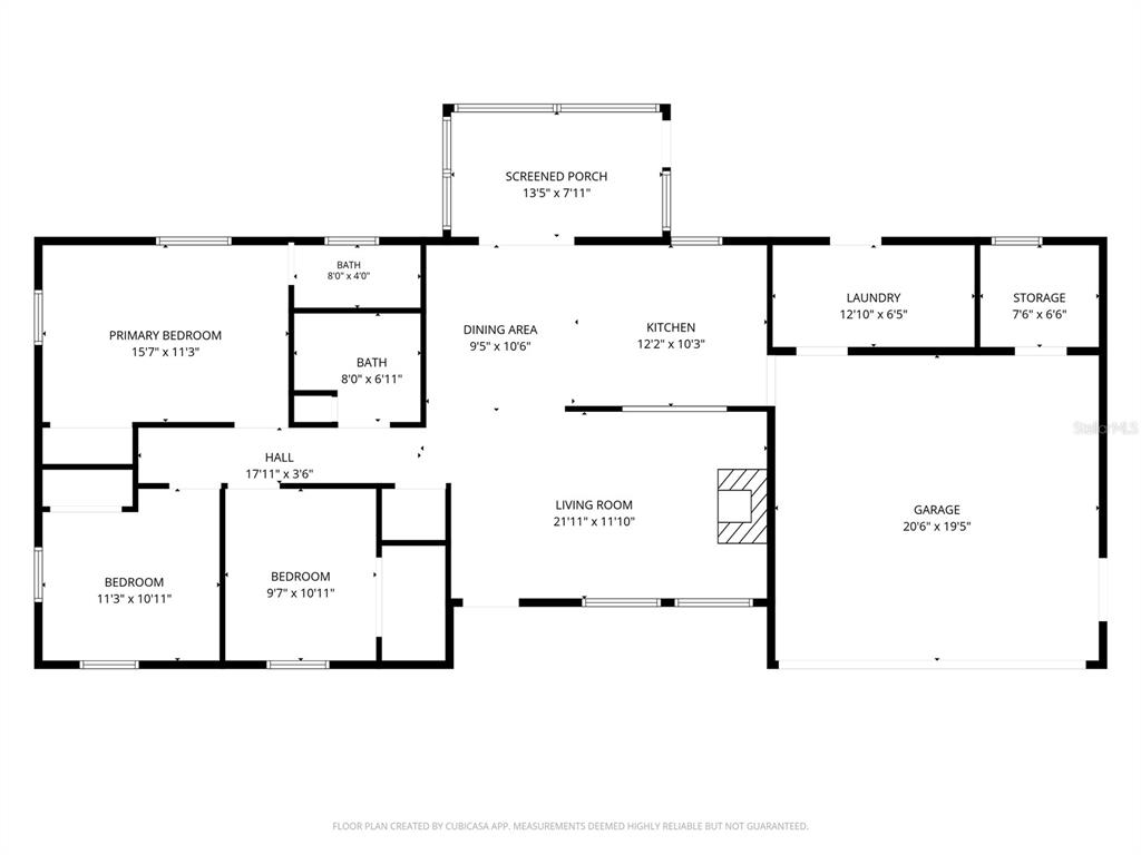 This is a floor plan of a single-story house featuring three bedrooms, two bathrooms, and a garage — 2716 KUMQUAT DRIVE, EDGEWATER, FL