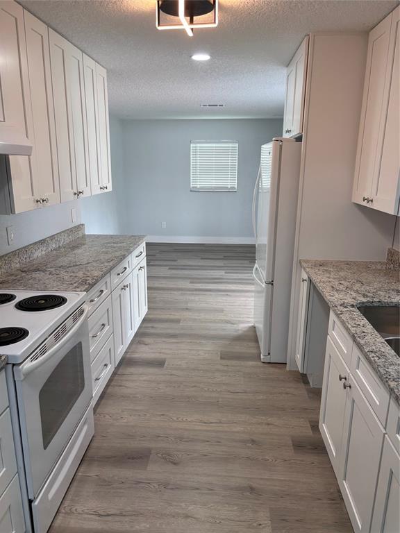 A galley kitchen features white cabinets, granite countertops, and light wood-look flooring — 977 E NORMANDY BOULEVARD, DELTONA, FL